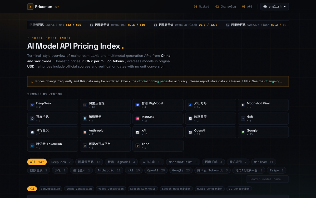 做 AI 网关被模型价格折磨之后,我做了 pricemon.net